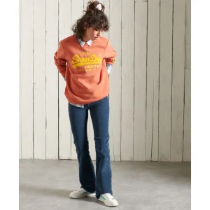 Offres 😍 Mode- Lifestyle Femme Superdry Sweat Ras-du-cou En Maille Chenille Femme Superdry Vintage Logo ORANGE ⌛ 12