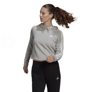 Sortie 👏 Fitness Femme Adidas Sweatshirt Court À Capuche Femme Adidas Essentials 3-bandes GRIS 🤩 16